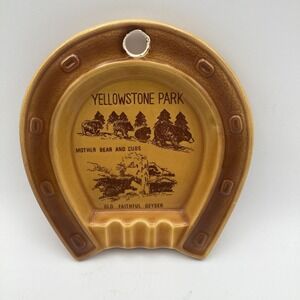 Vintage Yellowstone Park Souvenir Ashtray Horseshoe Mother Bear Old Faithful